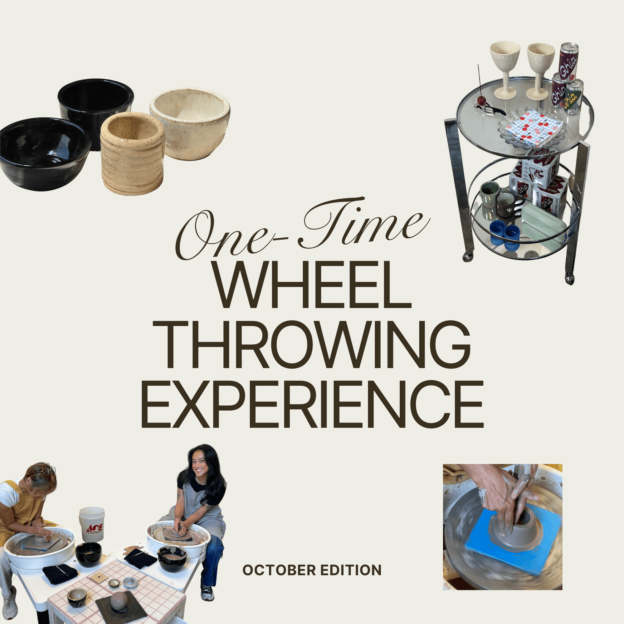 Advertisement for a pottery class with text 'One-Time Wheel Throwing Experience' and images of pottery and people working with clay.